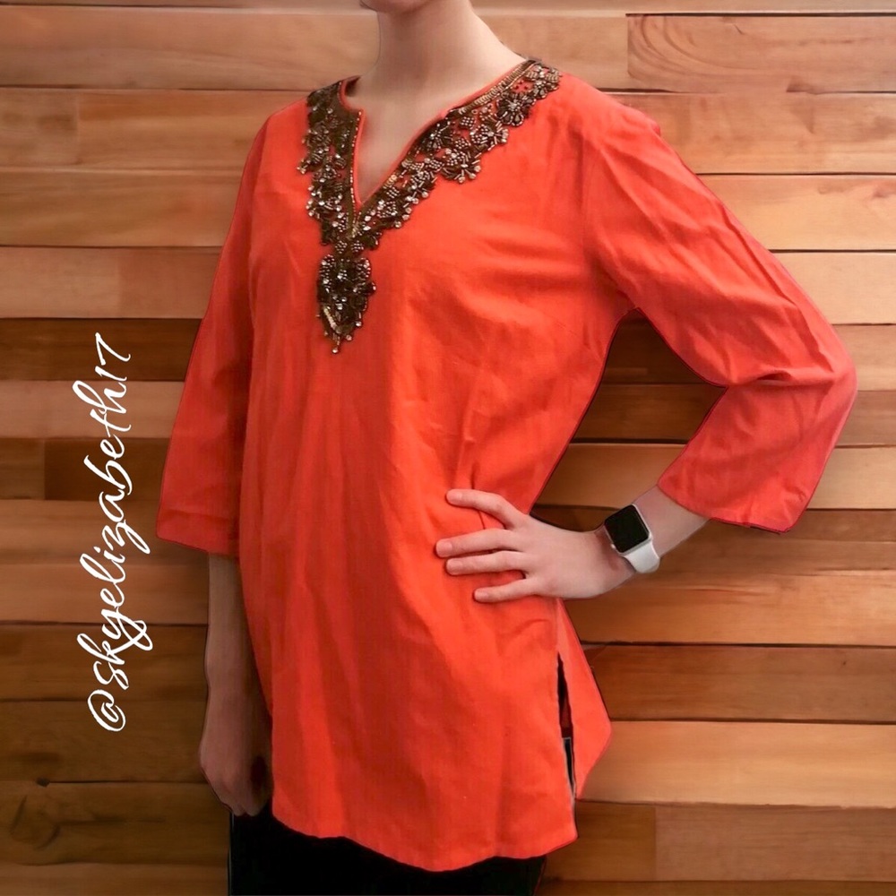 Michael Kors Embellished Orange Beaded Boho Tunic Pullover Top, S